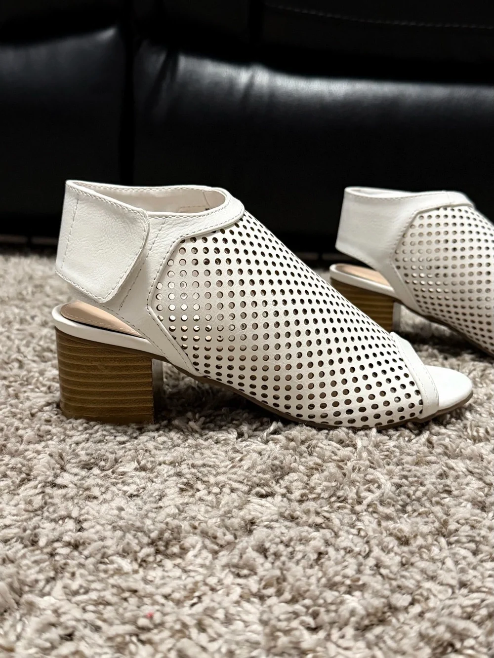 White Perforated Peep-Toe Block Heel Sandals for Women